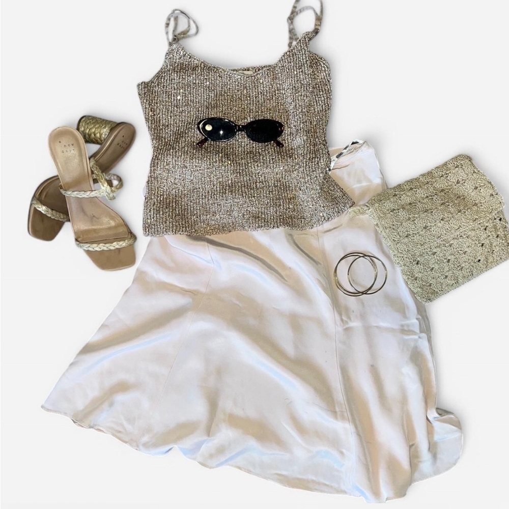 Stylish Beige Knit Tank Top with Blush Silk Skirt